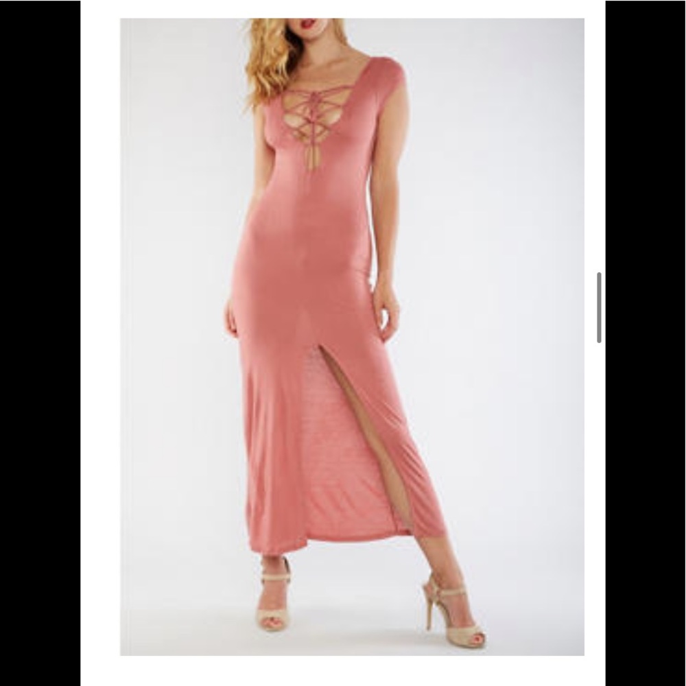 Pink Soft Knit Lace Up Maxi Dress